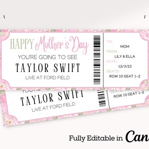Mother&#39;s Day Concert Ticket Template | Editable Event Ticket | Canva Template | Concert Ticket Gift | Printable Concert Tickets Gift Idea |