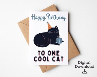 Printable Black Cat Birthday Card | Funny Birthday Card | Cat Lady Card | Cat Lover Birthday Gift | Cool Cat Card | Printable Greeting Cards