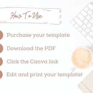 May include: A white background with a handwritten title "How To Use" in brown. Four numbered steps are listed in brown circles with white numbers. The steps are: 1. Purchase your template, 2. Download the PDF, 3. Click the Canva link, 4. Edit and print your template!