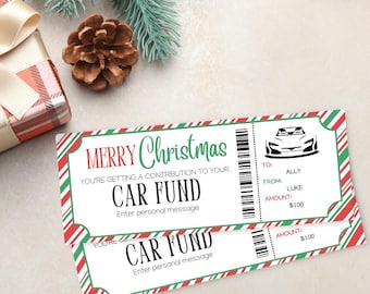 Christmas Car Fund Surprise Gift Voucher | Contribution Voucher | Christmas Gift Reveal | Gift Certificate | Printable Ticket Template |