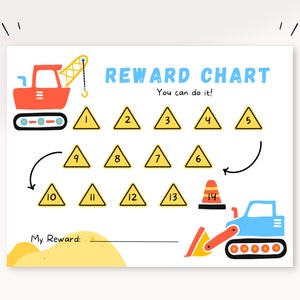 Pode incluir: Um gráfico de recompensas imprimível com um caminhão de construção de desenho animado e cones. O gráfico tem 14 espaços para adesivos ou marcas de verificação. O texto "REWARD CHART" e "You can do it!" está no topo do gráfico. O texto "My Reward:" está na parte inferior do gráfico.