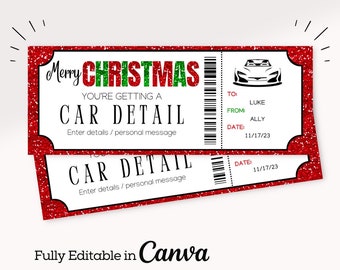 Op de afbeelding: Een rood en groen glitter kerstcadeau-certificaat voor een autodetail. Het certificaat zegt "Merry Christmas You're Getting a Car Detail" en heeft een ruimte om details en een persoonlijk bericht in te voeren. Het certificaat heeft ook een datum, "11/17/23", en een ruimte voor "Aan :" en "Van :" .