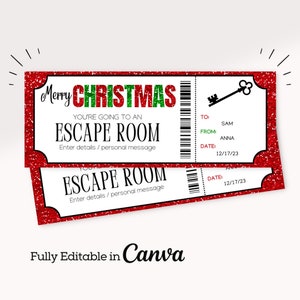 Weihnachts Escape Room Gutschein | Escape Room Ticket Vorlage zum Ausdrucken | Spielzimmer-Einladung | Personalisierte Weihnachtsgeschenkkarte