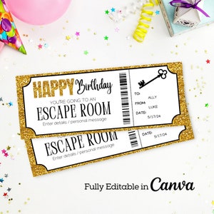 Geburtstag Escape Room Ticket Vorlage | Escape Room Geschenkkarte | Escape Room Gutschein | Geburtstagskarte zum Ausdrucken | Bearbeitbares Surprise Ticket