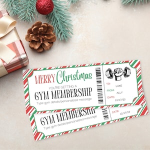 Modèle de billet d’adhésion au gymnase de Noël | Chèque-cadeau surprise d'adhésion à une salle de sport | Carte-cadeau de modèle de salle de sport imprimable | Cadeau de Noël modifiable