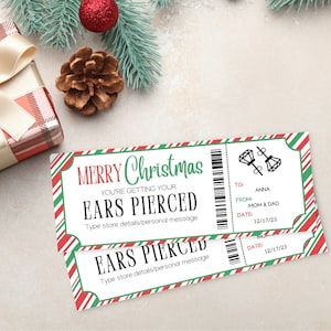 Kerstcadeaubon oorpiercing Surprise | Afdrukbare ticketsjabloon oorbel piercing | Verrassingscadeaubon downloaden | Kerstcertificaat