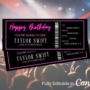Neon Pink Geburtstags-Konzertkarte | Editierbare Konzertkarte | Canva Template | Kundenspezifisches Konzertticket Geschenk | Druckbare Konzertkarten Geschenk |