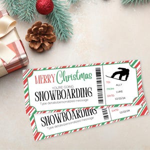 Billet de voyage de snowboard de Noël | Bon cadeau surprise de snowboard | Modèle de billet imprimable | Carte-cadeau de Noël |
