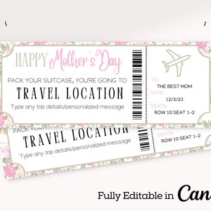 Mother&#39;s Day Editable Boarding Ticket Template | Surprise Airline Gift | Invitation Gift | Vacation Ticket | Gift For Mom | Downloadable