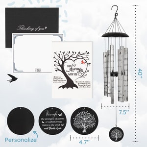 May include: A black wind chime with a tree design and the text "I am always with you". The chime is 40 inches tall and 7.5 inches wide. The set also includes a black card with a tree design and the text "Through the strongest of storms or softest breeze listen to the wind and think of me".