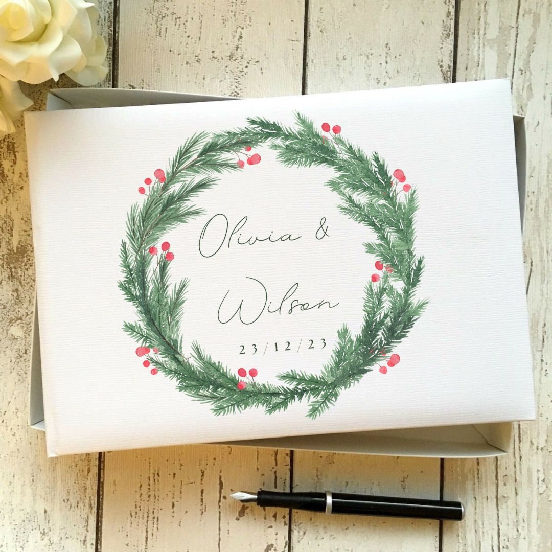 Wedding Guest Book, Winter Wreath Guest Book, Christmas Wedding Guest