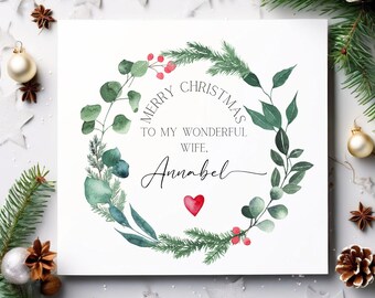 Personalised Wife Christmas Card – Romantic Christmas Card for Her – Handmade Eucalyptus Design – Luxury Textured Card UK