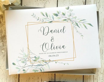 Personalised Green Gold Eucalyptus Wedding Guest Book, Ivory Faux Leather Wedding Guest Book, Wedding Guestbook, Personalised Guest Book