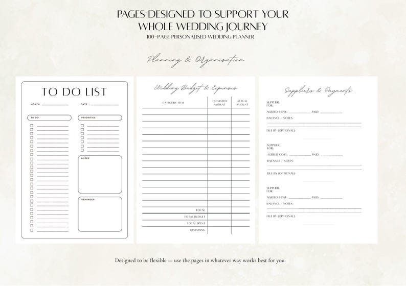 Wedding planner monthly to do list pages with budget and supplier planning pages, personalised hardback wedding organiser interior