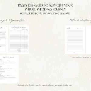 Wedding planner interior pages showing monthly to do lists, wedding budget and expenses pages, supplier planning pages, lined notes and blank pages