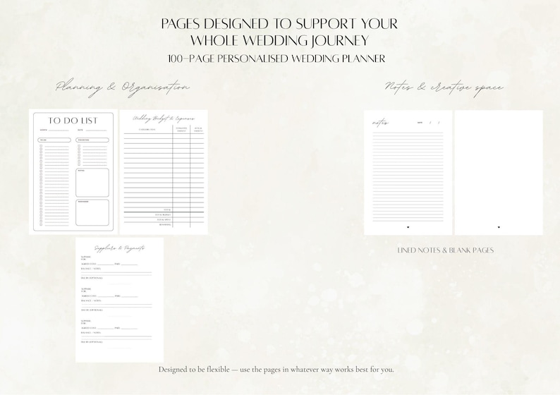 Wedding planner interior pages showing monthly to do lists, wedding budget and expenses pages, supplier planning pages, lined notes and blank pages