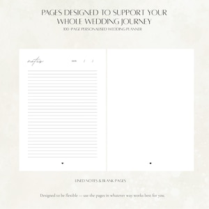 Wedding planner lined notes pages and fully blank pages for ideas, sketches and seating plans, minimalist wedding planning notebook interior