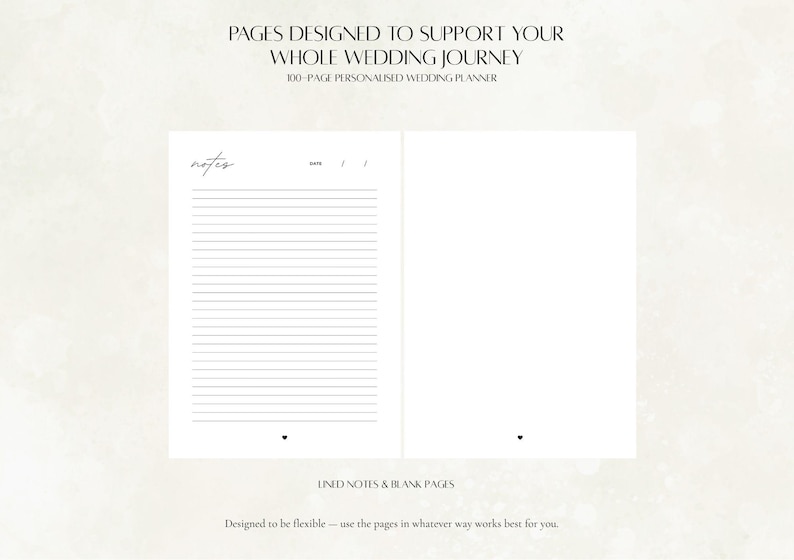 Wedding planner lined notes pages and fully blank pages for ideas, sketches and seating plans, minimalist wedding planning notebook interior