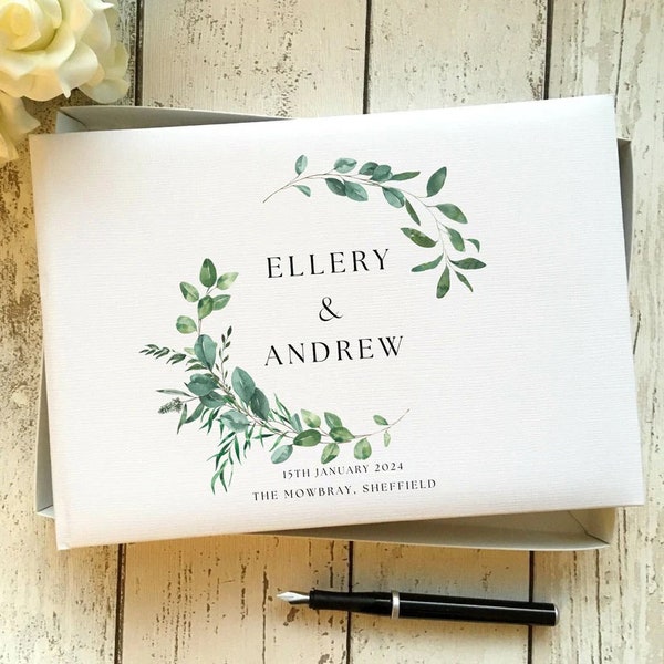 Personalized Wedding Guest Book, Ivory Faux Leather Guest Book, Wedding Book, Wedding Guest Book, Luxury Book, Watercolour Green Leaves