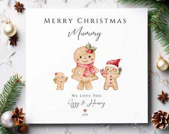 Personalised Mummy Christmas Card – Gingerbread Family Card – Cute Festive Mum Card – Custom Names & Year – Handmade UK