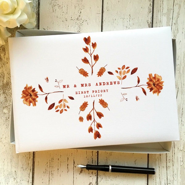 Autumn Orange Leaves Wedding Guest Book, Ivory Faux Leather Wedding Guest Book, Wedding Guestbook, Autumn Wedding Guest Book, Luxury Book