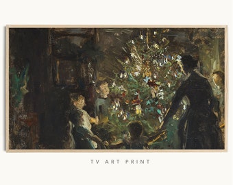 Samsung Frame TV art, Christmas Night Tree Gather, Rustic, Winter, Snow, Minimal, Holiday, Christmas, Farmhouse