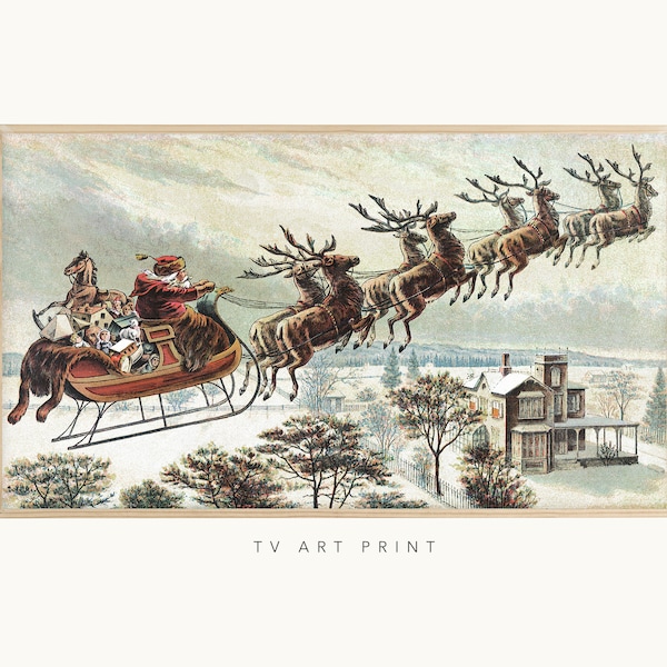 Samsung Frame TV art, Vintage Santa & Reindeer, Rustic, Winter, Snow, Minimal, Holiday, Christmas, Farmhouse