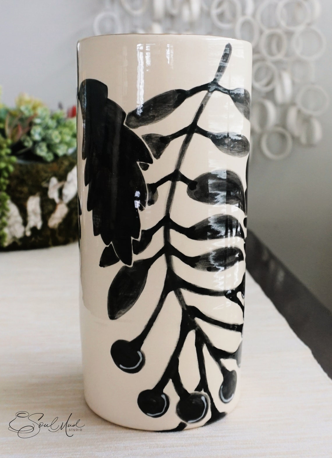 Tall White Ceramic Vase Custom Vase Watercolor Vase Black & Etsy