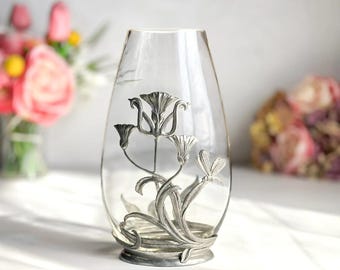 Past Times Art Nouveau Style Glass Vase Pewter Dragonfly Vintage