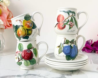 Juego de 4 tazas y platillos de café Portmeirion Pomona con diseño botánico vintage de cerámica inglesa.