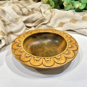 Vintage Hand-Carved Wooden Bowl with Petal Design, Rustic Fruit Bowl