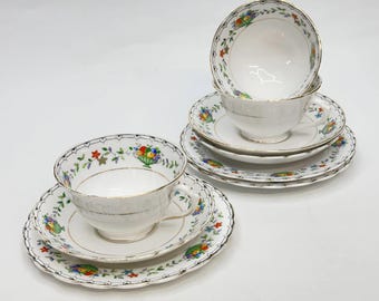 Tuscan Art Deco Trio Fruit Basket Floral Tea Set Hand Painted 1930s