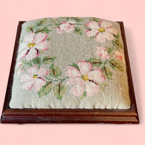 Vintage Floral Needlepoint Footstool, Antique Wooden Low Stool with Bun Feet