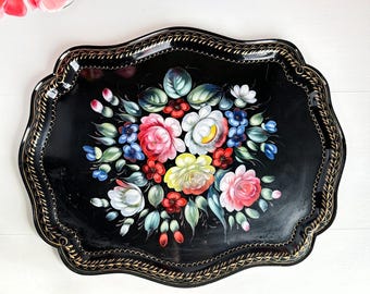 Zhostovo Folk Art Metal Tray Hand Painted Floral Vintage