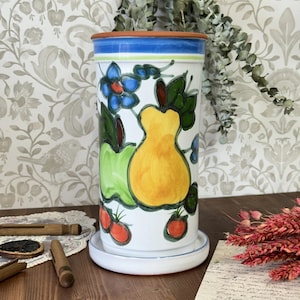 Vintage Hand-Painted Pottery Wine Cooler/Utensil Holder, Fruit Design, Possibly Portuguese