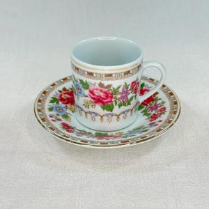 Vintage Chinese Jingdezhen Demitasse Cup and Saucer Set - Pink & Blue Floral - Gold Trim