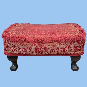 Vintage Sherborne Footstool, Red & Gold Floral Tapestry, Cabriole Leg Stool
