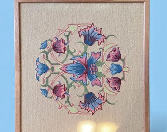 Vintage Framed Cross-Stitch Art | Mughal Floral Embroidery | Art Nouveau Wall Decor