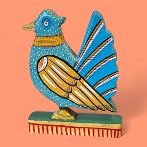 Vintage Indian Pattachitra Hand-Painted Wooden Bird Sculpture