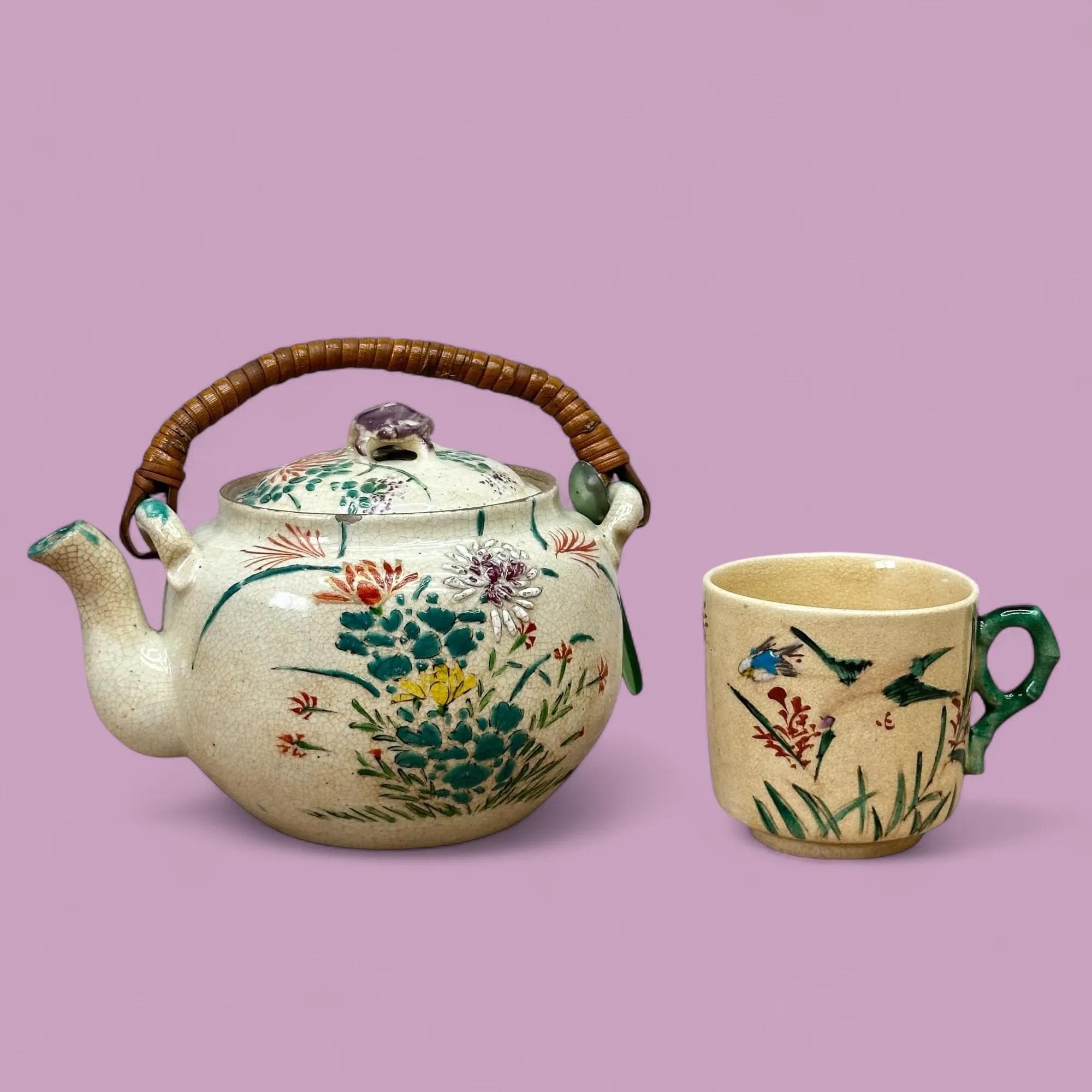 アンティーク 明治錦光山薩摩焼 ティーポット＆カップセット 粟田焼