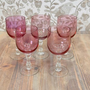Set of 5 Vintage French Cranberry Pink Aperitif Glasses, 1970s Retro Barware