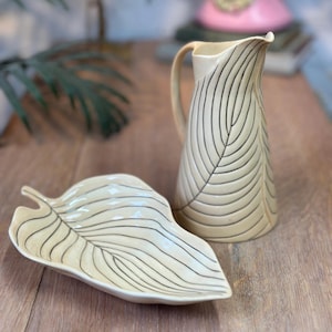 Vintage Carlton Ware Australian Design Set | Cream & Black Leaf Jug  Dish | Art Deco Style Pottery