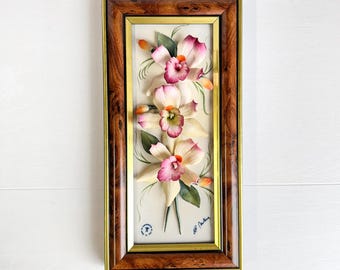 Capodimonte R Mollica Framed Ceramic Orchids Vintage Italian Floral Wall Art