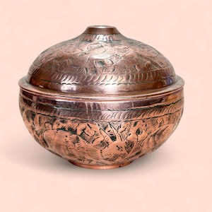 Vintage Persian Qalam Zani Engraved Copper Bowl, Lidded Pot, Boho Home Decor