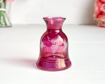Vintage Cranberry Glass Posy Vase Etched Grape Vine Motif
