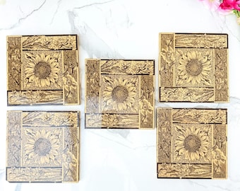 Juego de 5 azulejos Mintons Aesthetic Movement Sunflower Transferware, estilo victoriano antiguo.