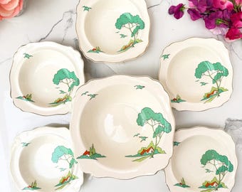 Juego de cuencos para postre estilo Art Déco de los años 30, de Clarice Cliff.