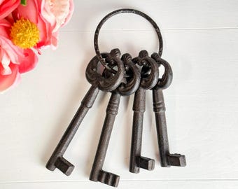 Set of 4 Vintage Cast Iron Skeleton Keys on Ring Rustic