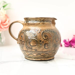 Signed Studio Pottery Jug Brown Foliate Glaze Vintage Earthenware