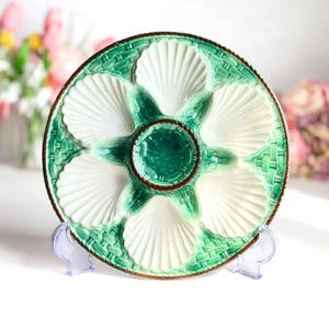 Vintage French Majolica Green Ceramic Oyster Plate